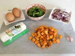 frittata, eggs, sweet potato, goats cheese, healthy, recipe