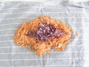 sweet potato rosti grated in tea towel